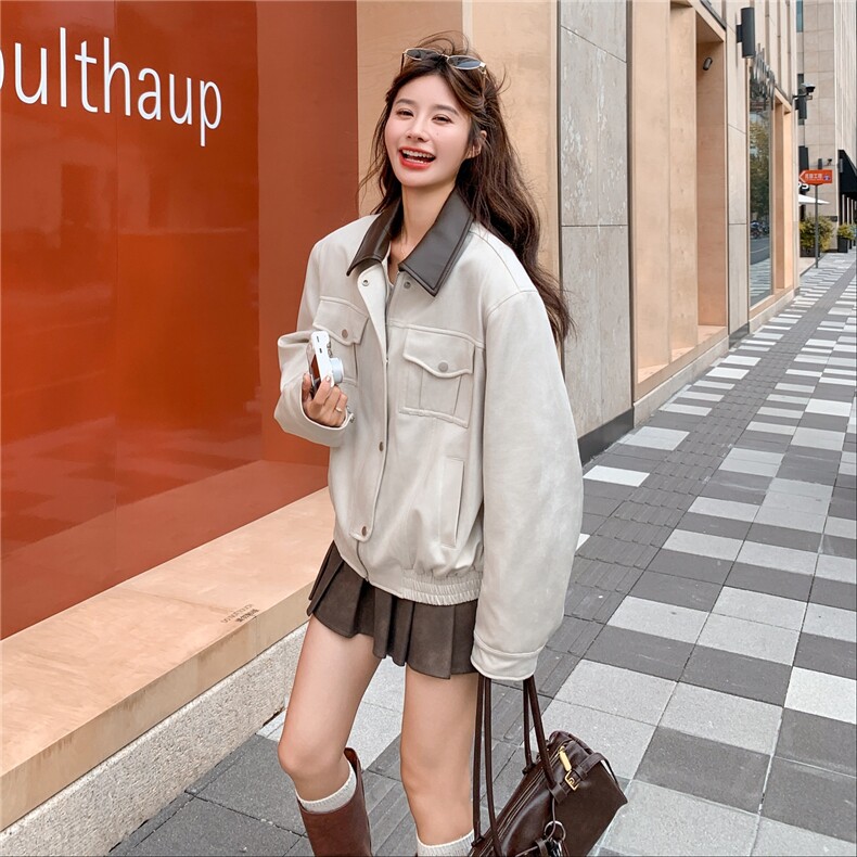 撞色拼接翻领皮衣外套女秋季2025新款独特超好看休闲百搭短款夹克图片
