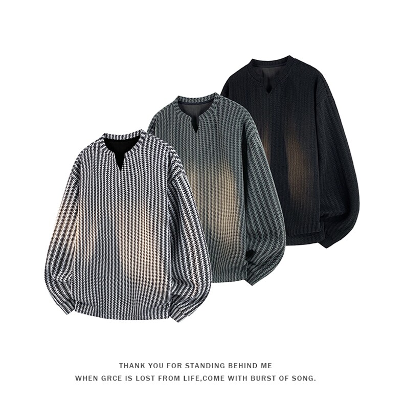 GENIOLAMODE黑白拼色鱼骨纹长袖t恤男秋季美式慵懒卫衣宽松打底衫，男装T恤，电商A001-1