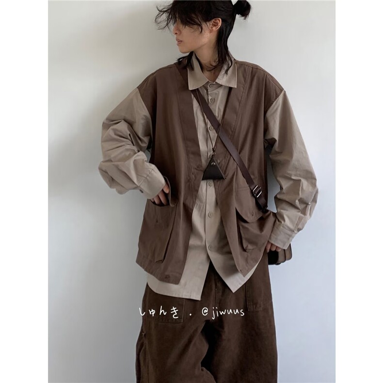 港风秋款男假两件衬衫马甲撞色工装大口袋休闲衬衣CS0106 P50图片