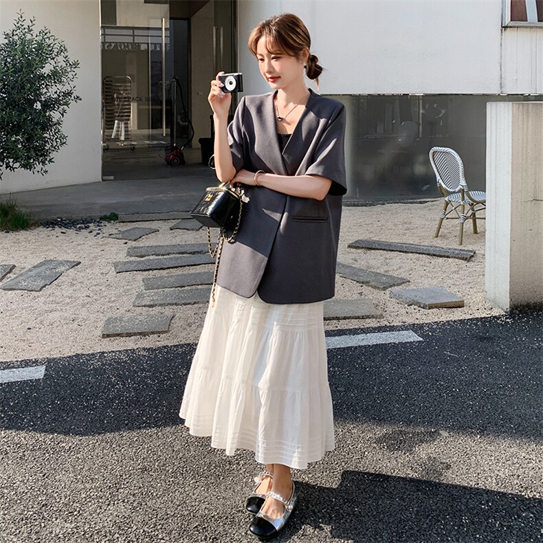 韩系气质V领袖口波点拼接西装外套女2025夏季新款配丝巾时尚西服,女装西装,1C151