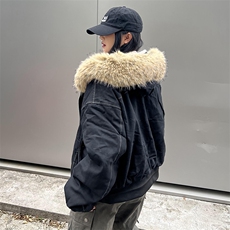 现货重磅boxy短款棉衣座山雕大毛毛领男女棉服水洗工装厚外套，男装棉衣，电商A486-1