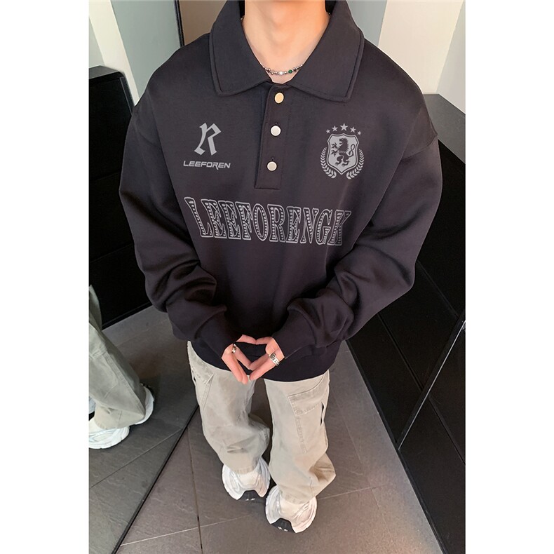 半排扣翻领卫衣男秋冬加厚美式字母印花黑色上衣W407-P45,男装卫衣,电商C307