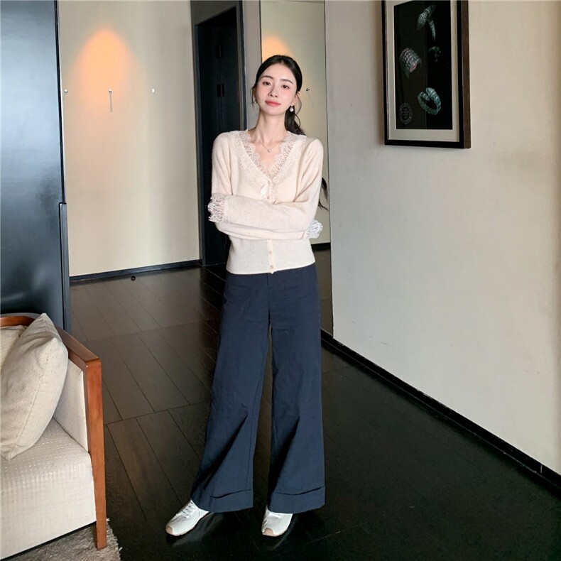 2025舒适百搭简约v领花边蕾丝长袖,针织衫/毛衣,玛卡隆羊绒