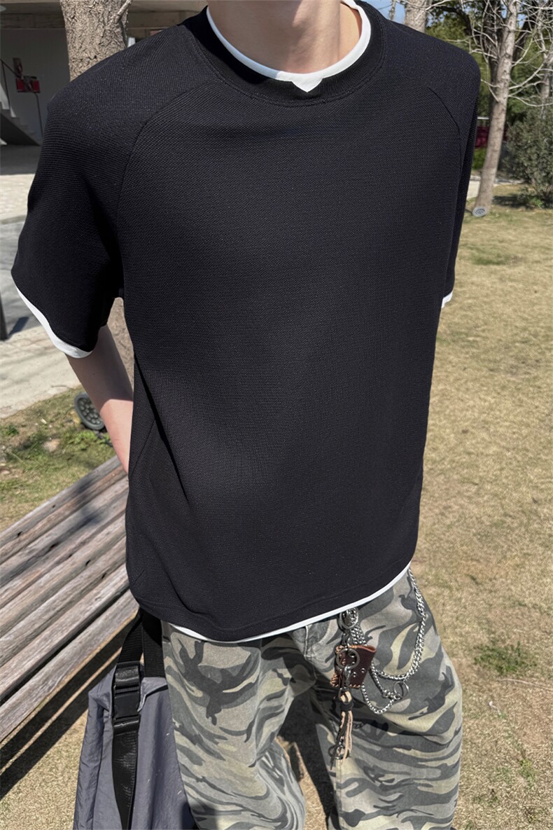 韩系慵懒高级感假两件极简拼接撞色短袖上衣T恤夏季短袖上衣P40,男装T恤,电商B319