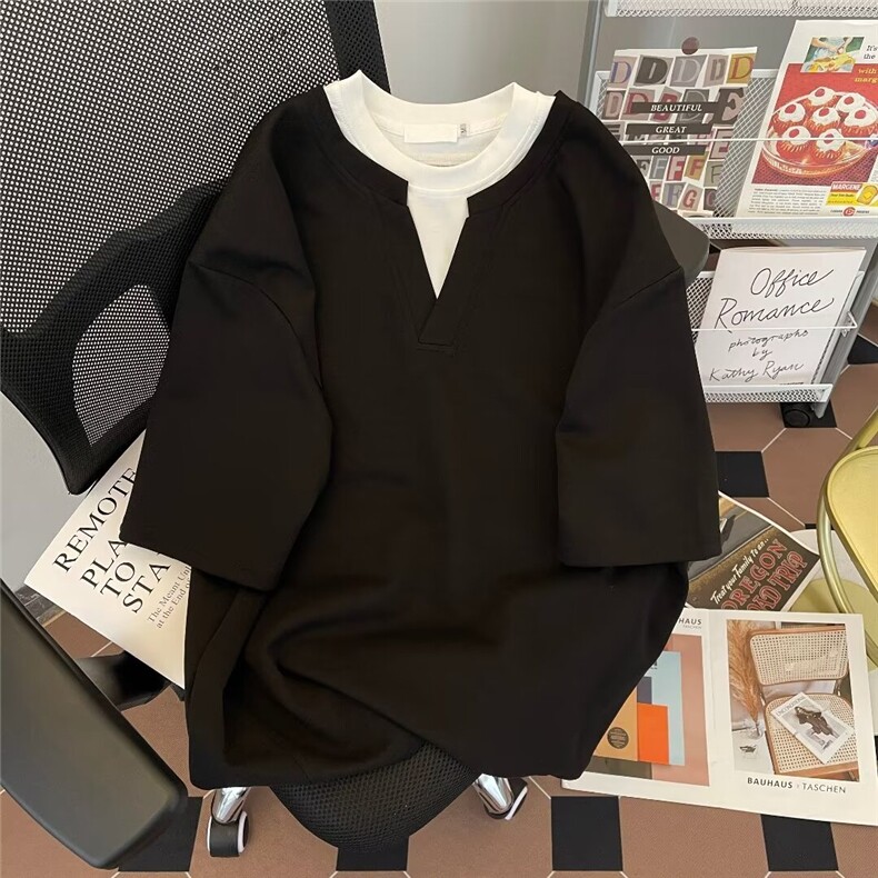V领假两件短袖T恤男夏季新款宽松个性简约休闲重磅T恤T5503/P40,男装T恤,星座506B