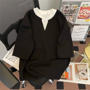 V领假两件短袖T恤男夏季新款宽松个性简约休闲重磅T恤 T5503/P40图片