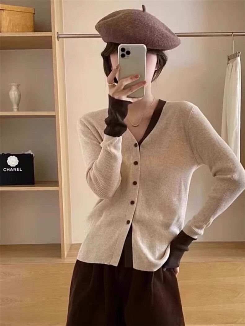 2025百搭时尚简约精仿六羊毛拼色抽条开衫，女装针织衫/毛衣，晨旭羊绒