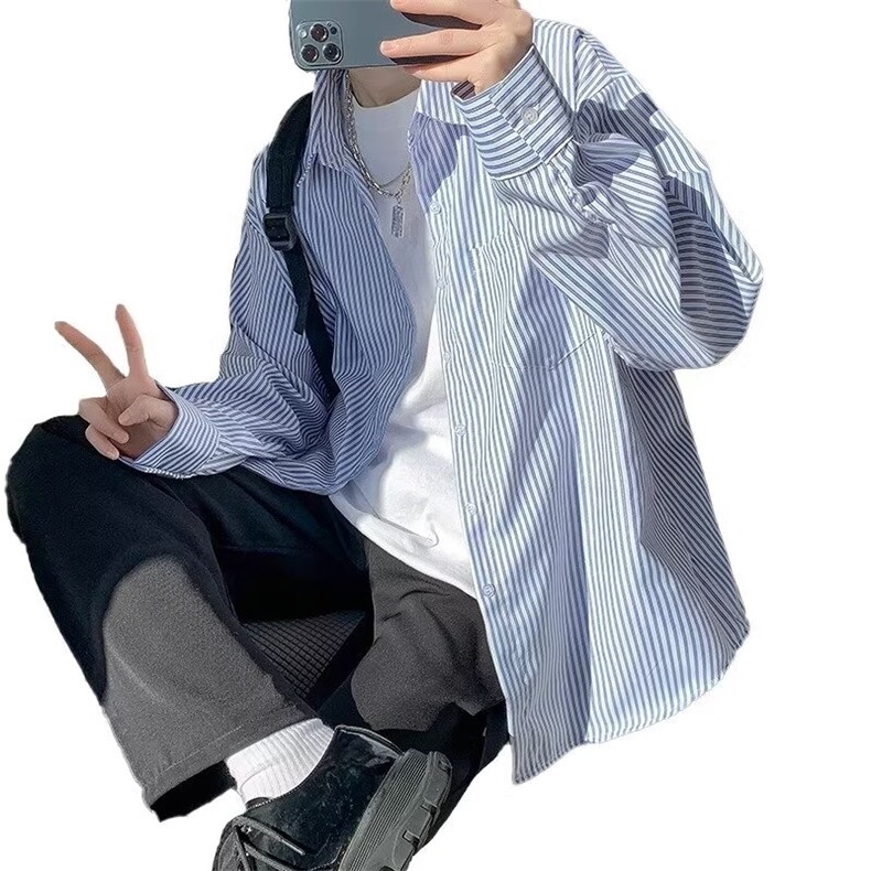 GS013P40纯色长袖条纹衬衫潮男百搭日系韩版宽松春秋衬衣外套,男装衬衫,星座1108-5