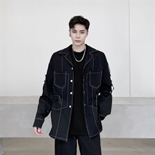 新款秋冬明线装饰腰抽绳口袋韩版翻领中长外套男A345-161-P115，女装短外套，电商A345