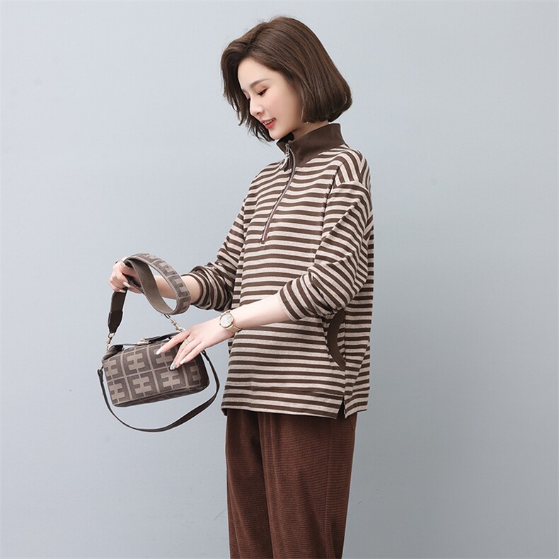 2022秋季新款半开条纹卫衣时尚优雅套头长袖休闲立领卫衣，女装卫衣/绒衫，独衣靓