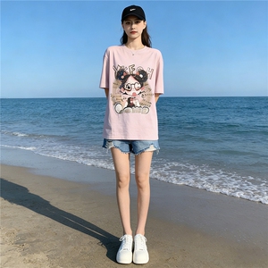 盐系穿搭休闲时尚套装女夏新款设计感圆领印花短袖牛仔短裤两件套图片