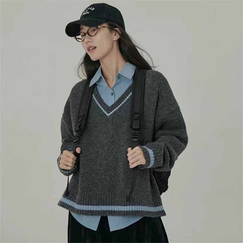 时尚学院风复古百搭V领撞色针织羊毛衫,女装羊毛衫,泰沅羊绒