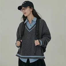 时尚学院风复古百搭V领撞色针织羊毛衫，女装羊毛衫，泰沅羊绒