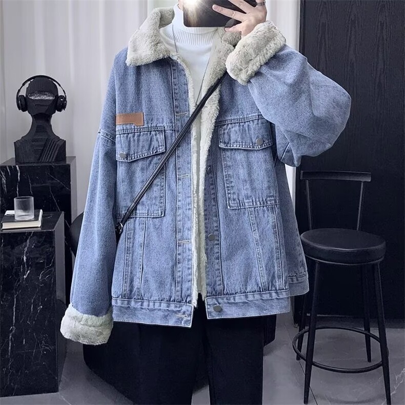 现货加绒加厚牛仔外套女新款设计感宽松羊羔毛上衣夹克L88099-P64,男装工装外套,星座1008