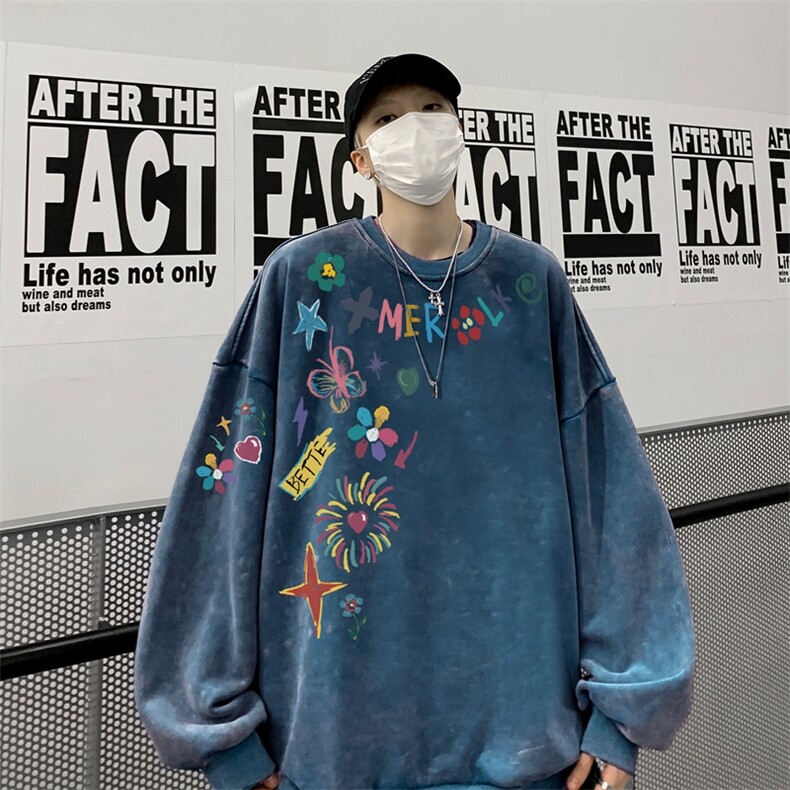 美式潮牌重磅水洗做旧圆领卫衣力推大码男XZ517A-BK5555-P58图片