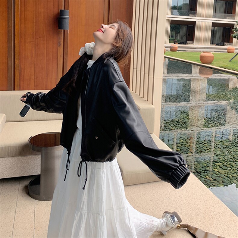 黑色高级感皮衣外套女2025春季新款美式复古宽松休闲小个子机车服,女装皮草,诺蝶