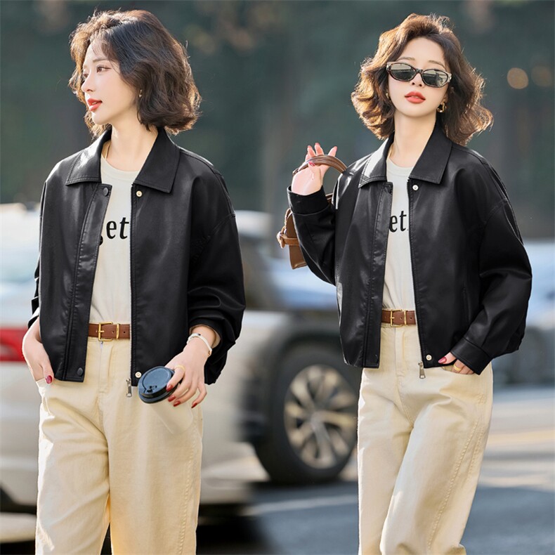 翻领短款皮衣外套女2025春秋新款宽松机车服休闲复古PU皮夹克上衣,女装皮衣,英标秀（1C119）