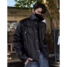 2025春秋美式高街cleanfit垫肩夹克男装短款解构黑色拉链翻领外套，男装夹克，星座506A