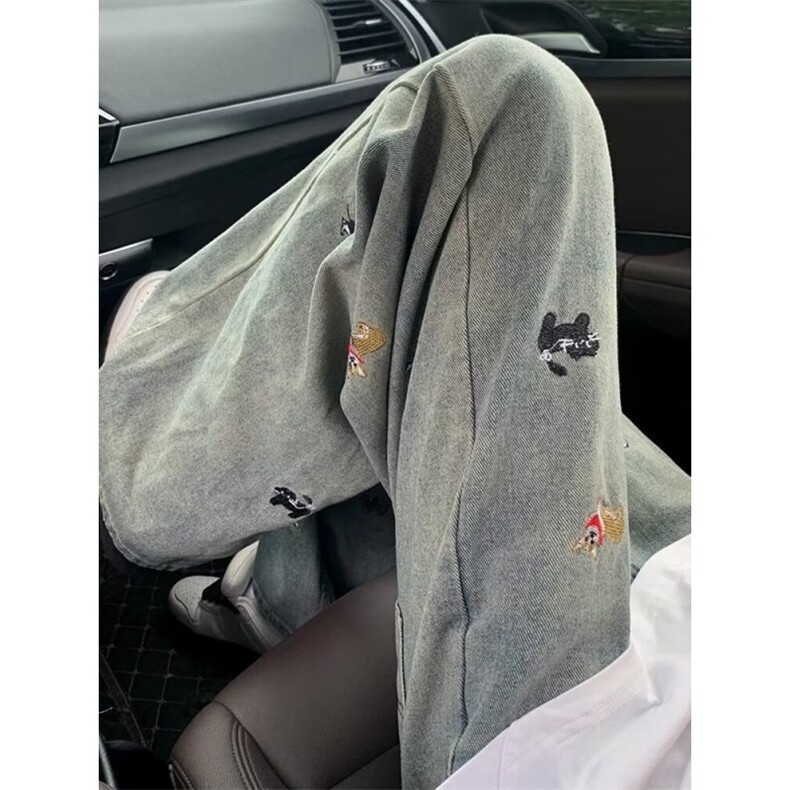 黑色趣味小狗刺绣牛仔裤女新款宽松显瘦拖地阔腿裤子N09,男装牛仔裤,星座1116A（原606A-3）
