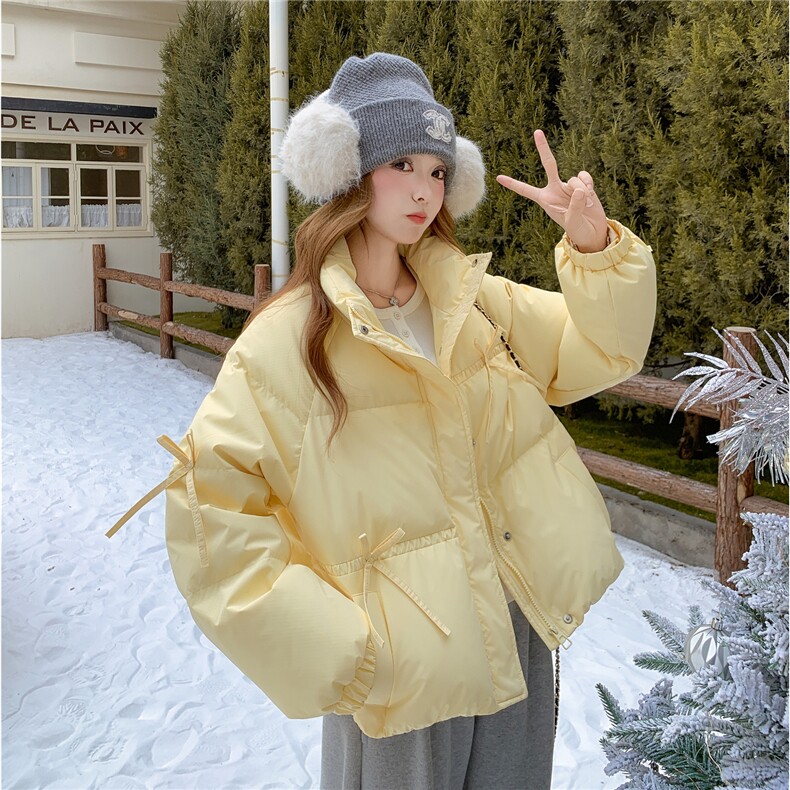 奶黄色短款羽绒服女2025新款冬季白鸭绒小个子立领休闲面包服保暖,女装羽绒服,2C218
