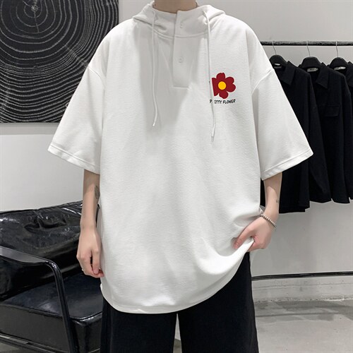 LD54257-P45 连帽短袖t恤男大码胖子带帽五分袖中袖 大皂风图片