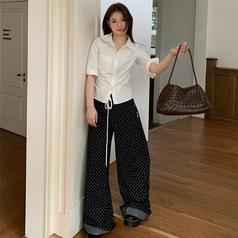 黑色波点直筒牛仔裤女2025新款夏季高腰显瘦宽松拖地阔腿休闲裤子,女装休闲裤,星座1210-1