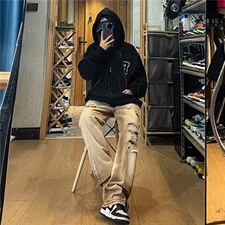 复古做旧水洗牛仔裤男美式街头宽松直筒坠感破洞阔腿裤N2813-P45，男装牛仔裤，星座1008