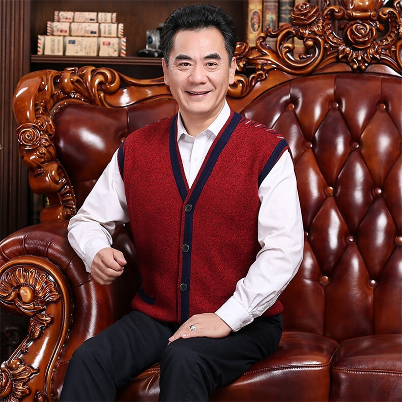 2024秋冬新款中老年男款V领拼色开衫背心马甲,男装羊绒背心,衣恋羊绒