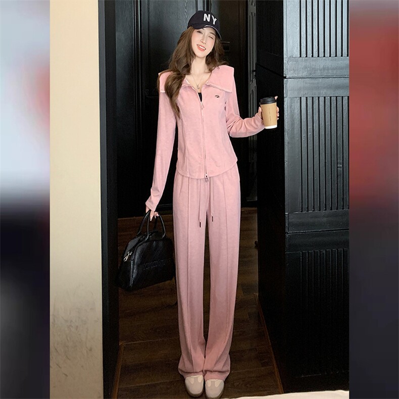 韩版休闲时尚运动套装女春季新拉链刺绣大翻领卫衣阔腿裤卫两件套,女装套装/套裙,江南