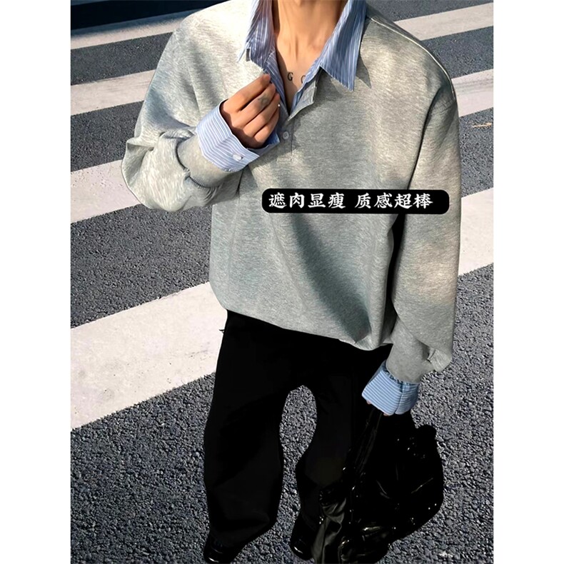 抖音得物高品质26春装美式高街假两件衬衫领长袖卫衣POLO领打底衫,男装T恤,电商A486