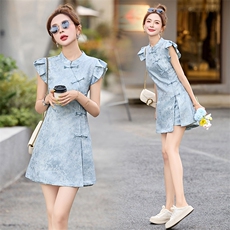 改良旗袍连衣裙女夏季2025新款收腰显瘦新中式国风刺绣短裤两件套，女装套装/套裙，天丝秀