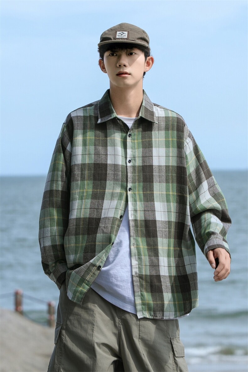 25年春季格子衬衫长袖大码宽松落肩现货DS-C323-1-2368-特批30,男装衬衫,电商C323-1