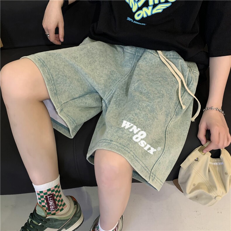 直播品质！新款字母印花重磅纯棉水洗短裤XZ604-DK107-P45控58,男装牛仔裤,星座604