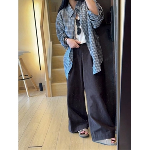 TC743-P45 美拉德复古格子撞色长袖衬衫女新款设计感小众宽松外套图片