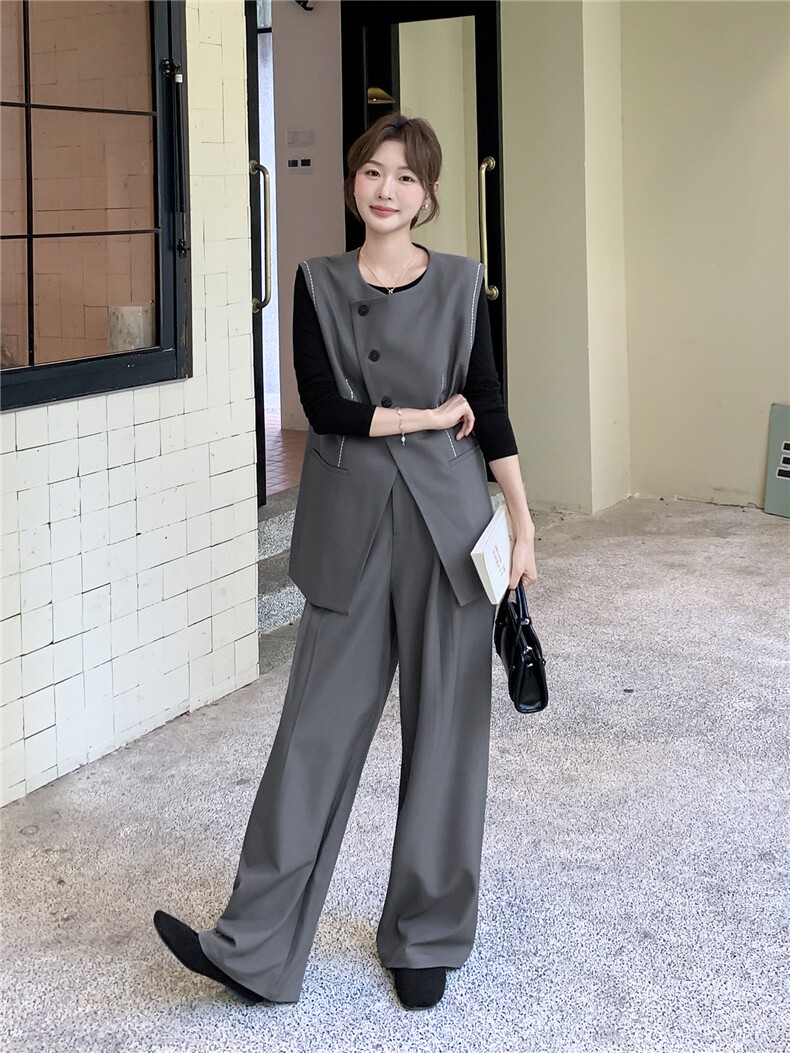 高级感休闲气质灰色西装马甲阔腿裤套装女春秋巨好看松弛感三件套,女装套装/套裙,2D009