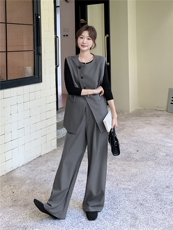 高级感休闲气质灰色西装马甲阔腿裤套装女春秋巨好看松弛感三件套，女装套装/套裙，2D009