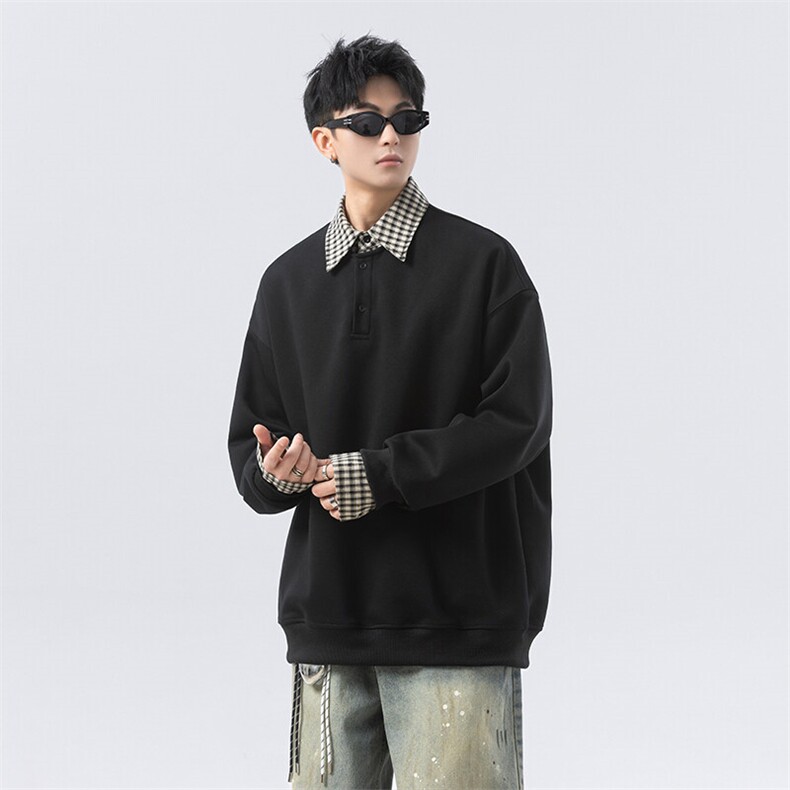GENIOLAMODE美式潮流polo领卫衣男2025春秋拼接宽松长袖情侣上衣,男装卫衣,电商B371