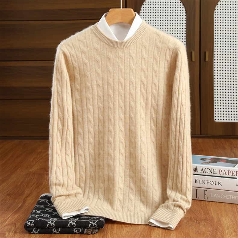 品质男麻花毛衣保暖舒适圆领长袖针织衫高端商务休闲冬季必备男装，男装羊绒套衫，昭美羊绒