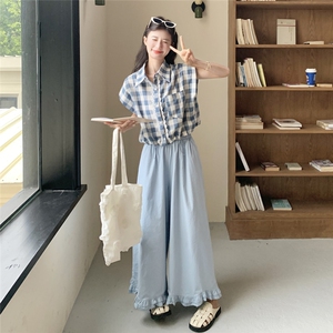 韩系甜美学院风蕾丝花边格子衬衣套装女夏季2025新款阔腿裤两件套图片