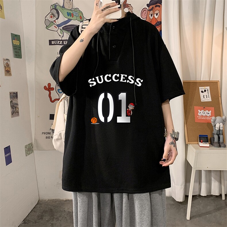 LD54205-P45连帽短袖t恤男大码胖子带帽五分袖中袖,男装T恤,电商A040