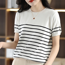 女宽松圆领正肩气质棉线体恤大码潮T夏季纯棉黑白条纹针织短袖t恤，女装针织衫/毛衣，彩羽羊绒