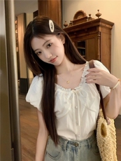 天丝棉v领花边白色云朵衬衫泡泡袖显瘦上衣，女装T恤，湘姗
