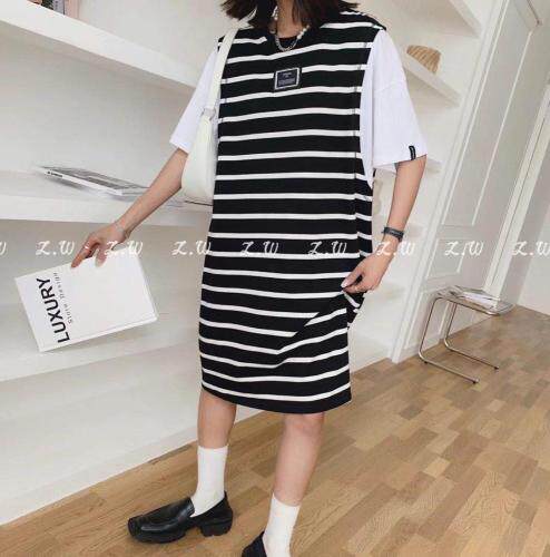 夏季新款拼接连衣裙休闲条纹，女装连衣裙，AT(2F)