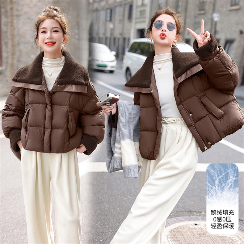 鹅绒2025新款小个子设计感毛毛大翻领假两件短款羽绒服女冬季潮款图片
