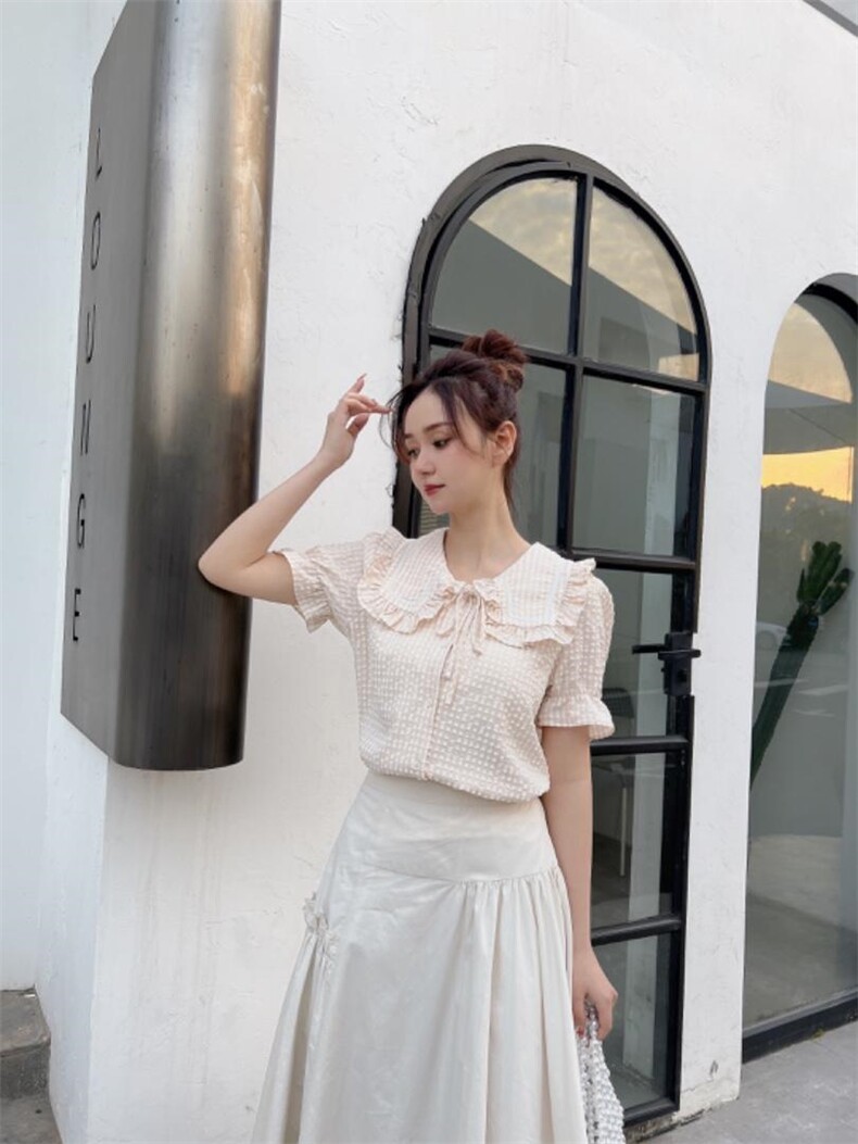 清纯花叶领格子短T搭配花叶边七分半裙，女装半身裙，知否