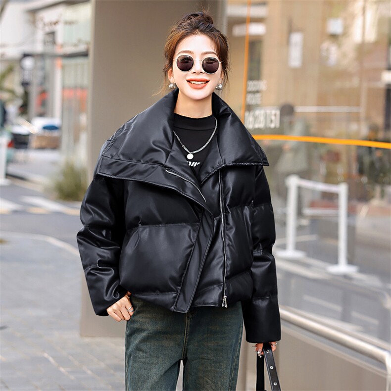 美拉德蛋白皮PU皮衣羽绒服女冬季2025年新款韩版短款小个子设计感,女装羽绒服,意芙