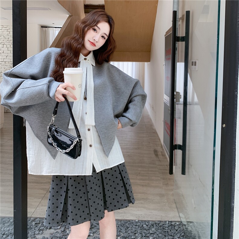 休闲衬衫卫衣波点百褶裙套装女春秋三件套学院风小个子爆款高级感,女装套装/套裙,2C332