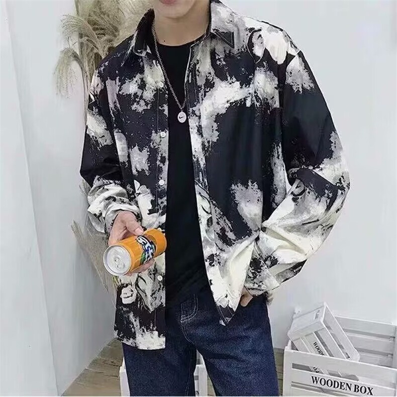 359-P26很仙的花衬衫潮男穿搭水墨扎染长袖上衣,男装衬衫,电商B323A