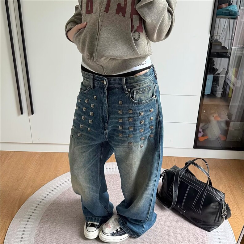 美式复古蓝闪电纹铆钉牛仔裤女2025新款宽松显瘦高街直筒阔腿裤子，男装牛仔裤，星座506A