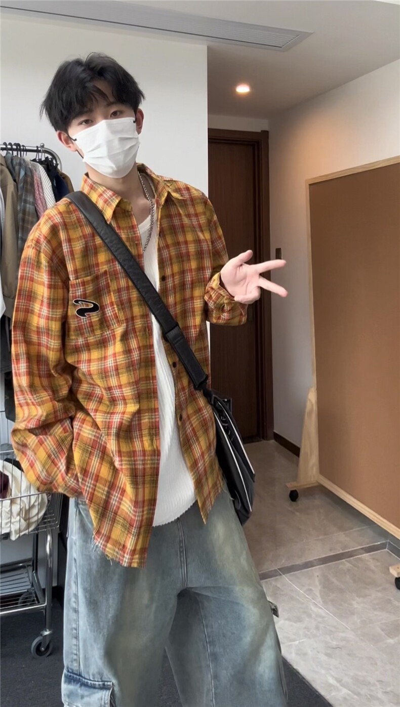 美式复古格子衬衫男长袖新款vintage高级感衬衣情侣外套CSD10P35,男装衬衫,电商D256-1(原A064-1)